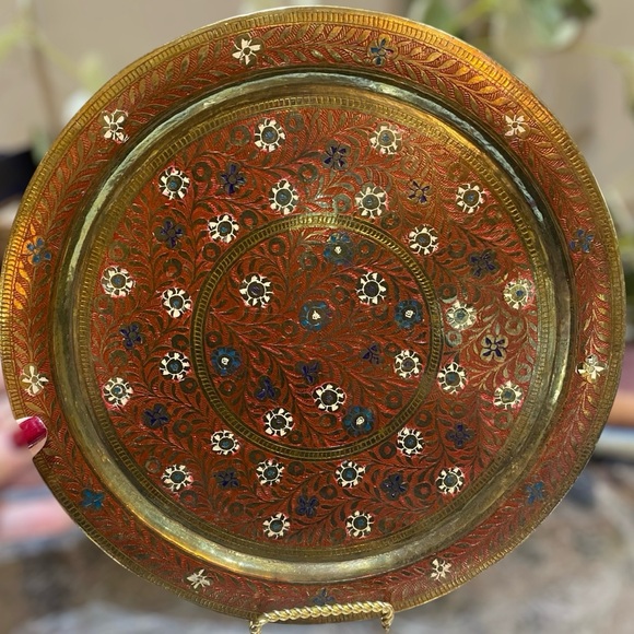 Vintage Other - Vintage Solid Brass Enameled Round Tray Floral Home Decor Accent Serving